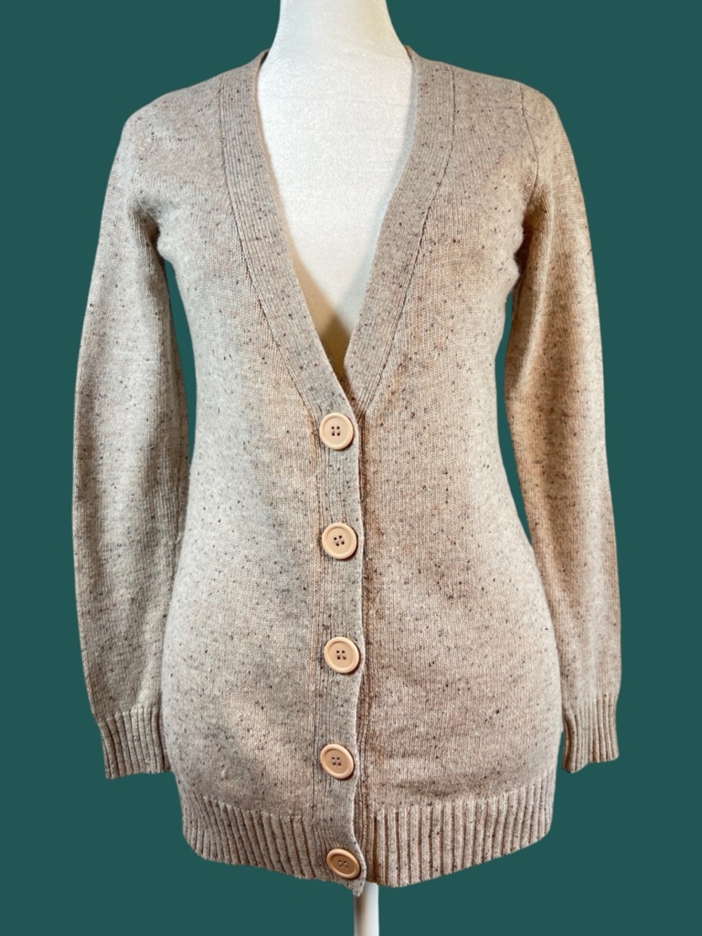 New York & Company Speckled Oatmeal V-Neck Button Cardigan Sweater Size XS